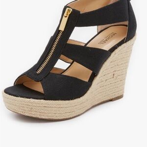 Michael Kors Black and Tan Damita Wedge Canvas Sandals